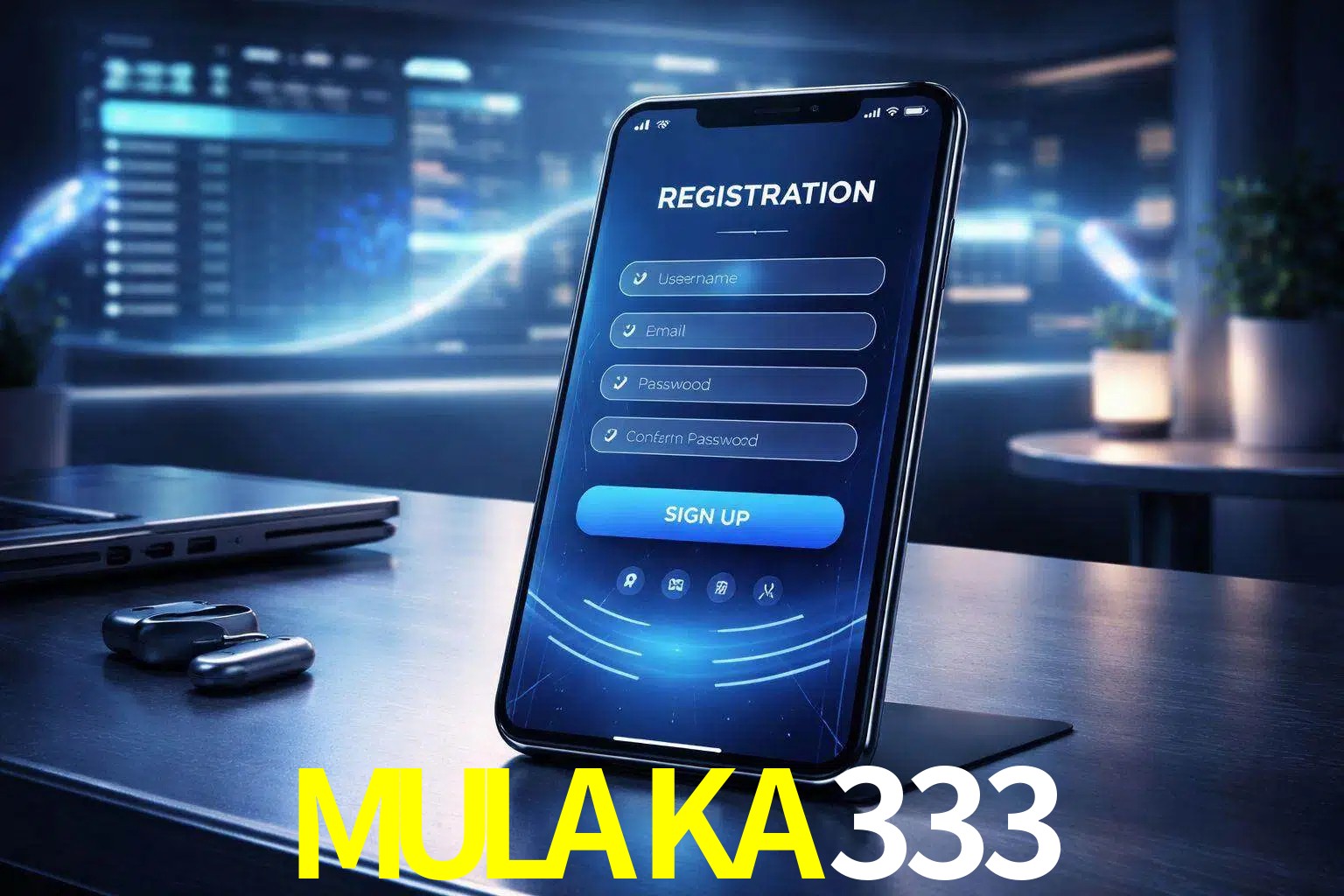 Una interfaz moderna de registro móvil para MULAKA333 mostrada en un smartphone con un panel de apuestas elegante.